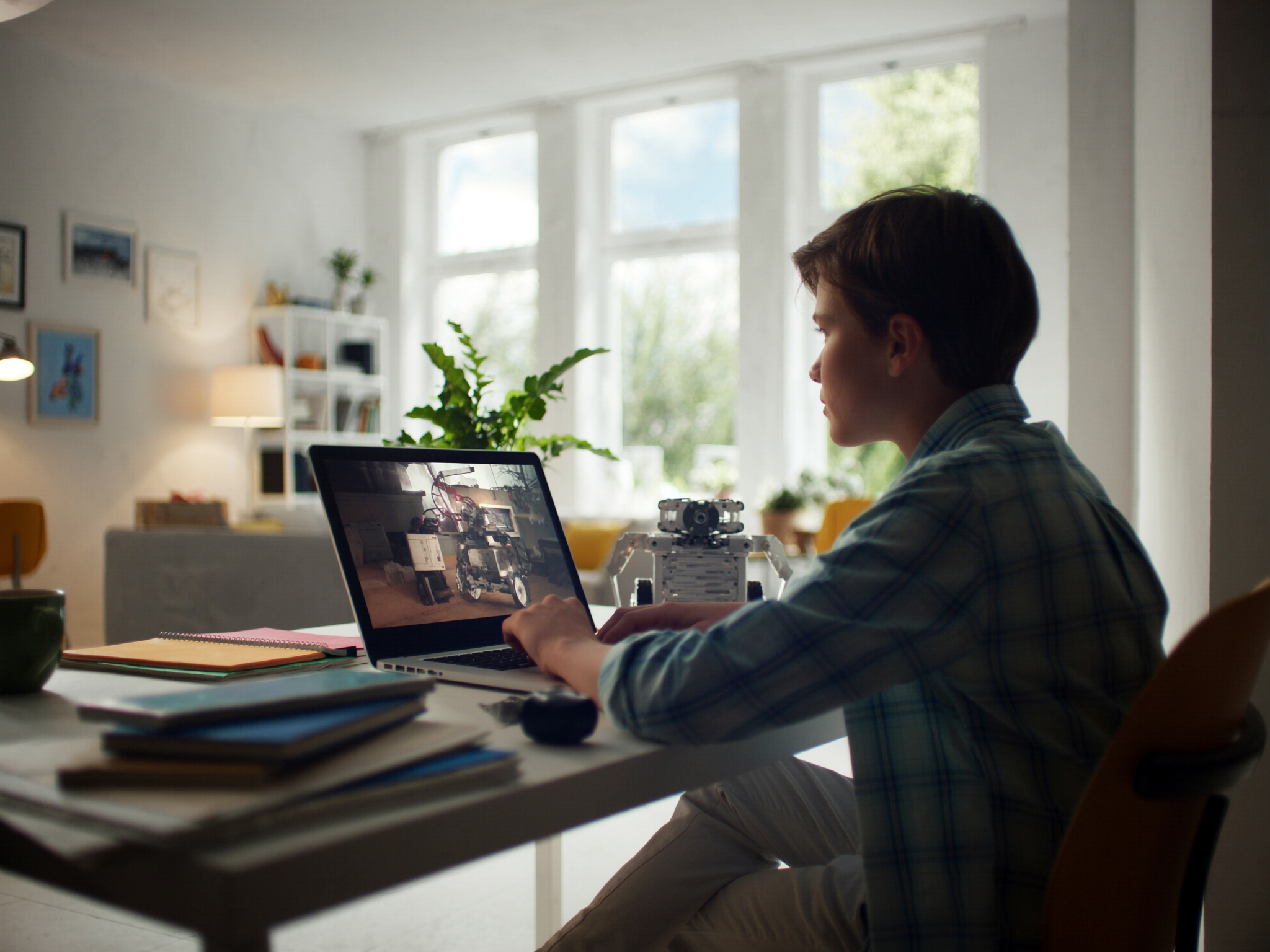 Boy in an online robotics video class at home