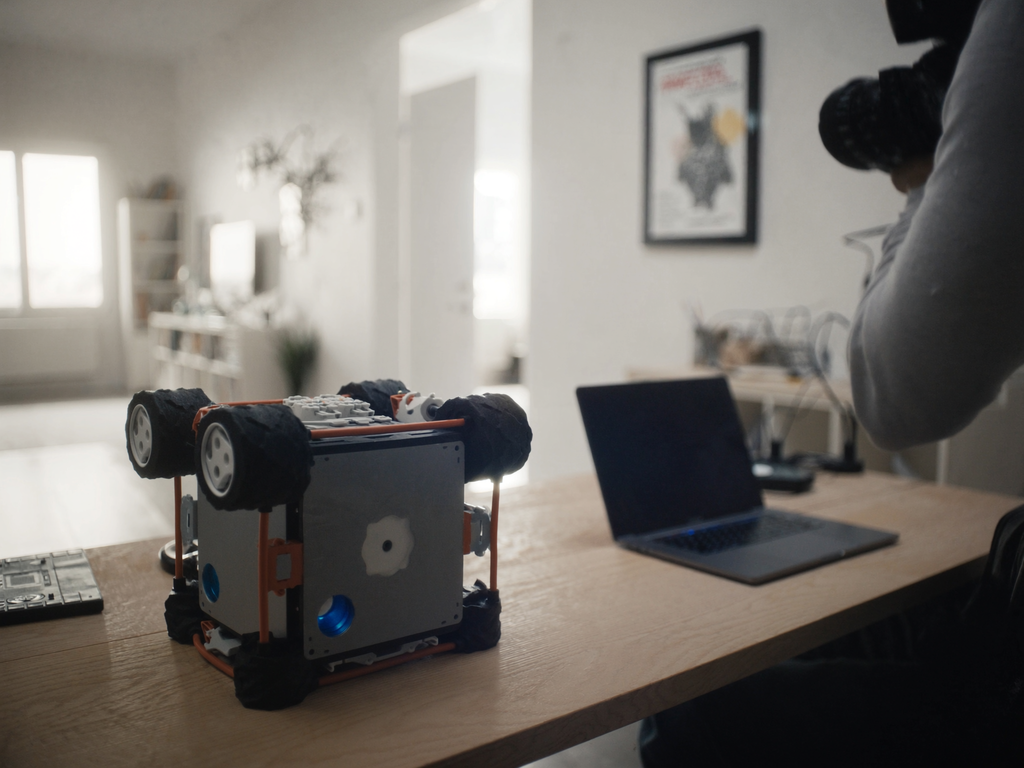 DIY wheeled robot project on a desk