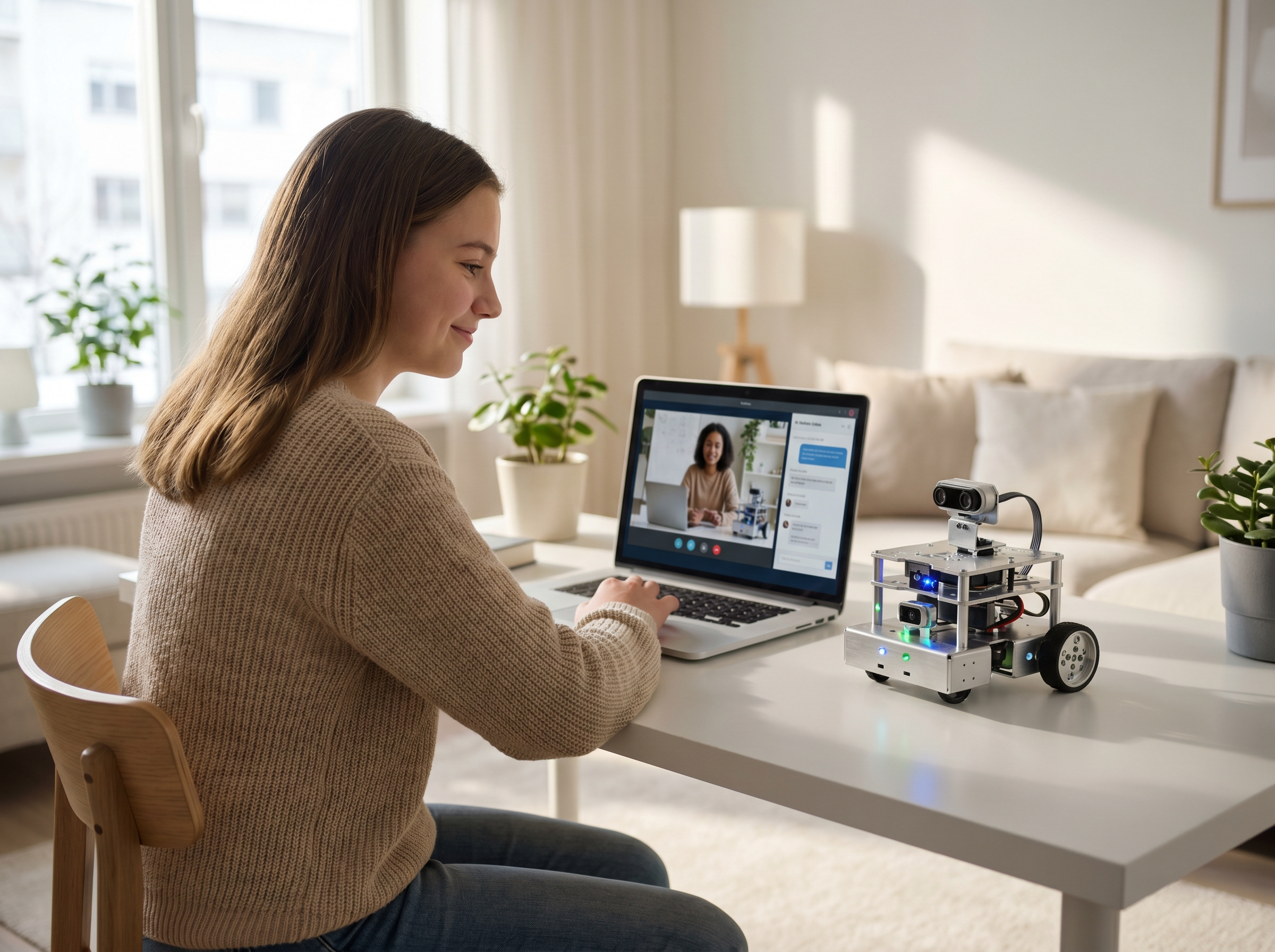 Girl attending an online robotics lesson