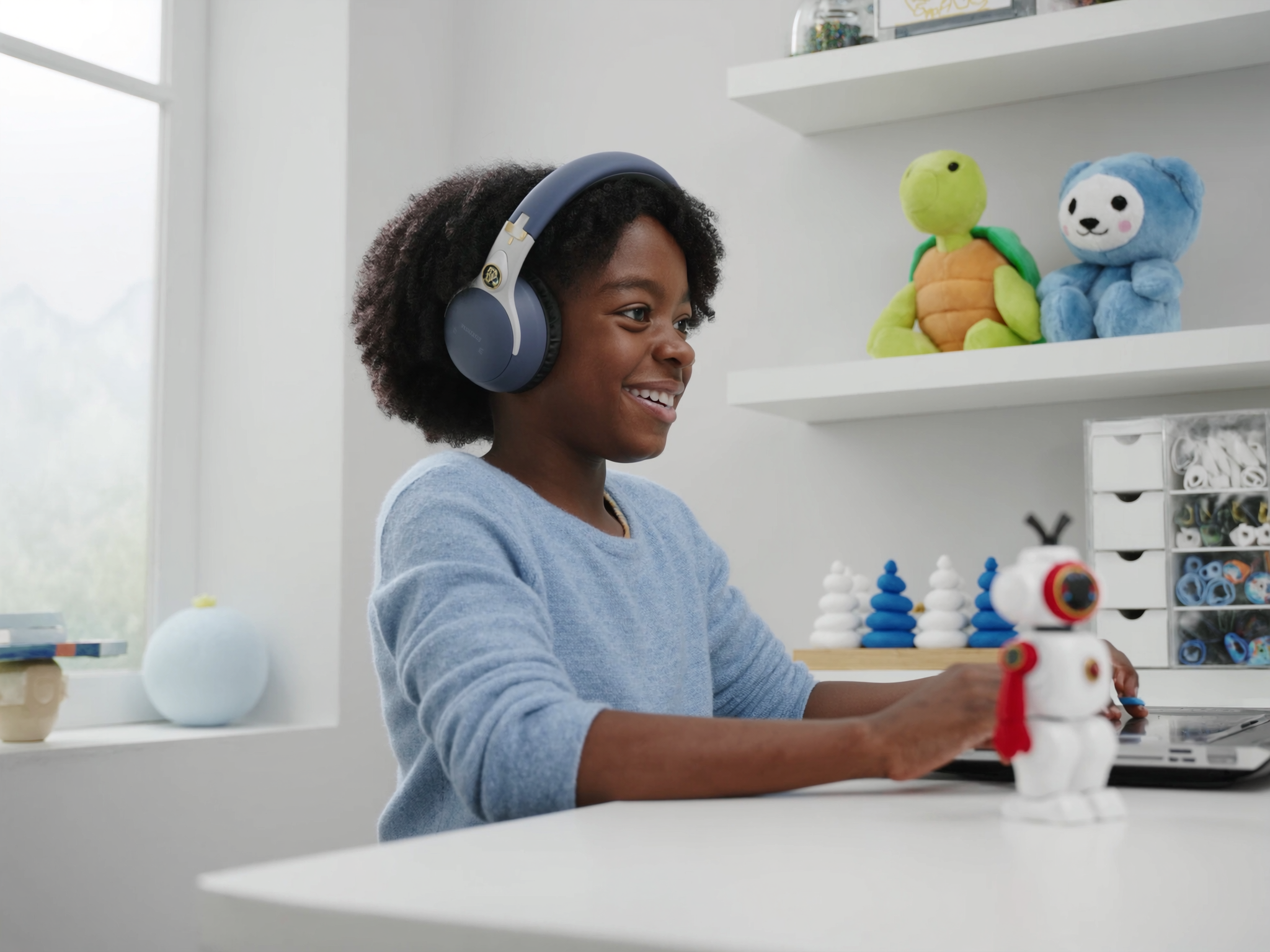 Happy child with a robot toy in online education