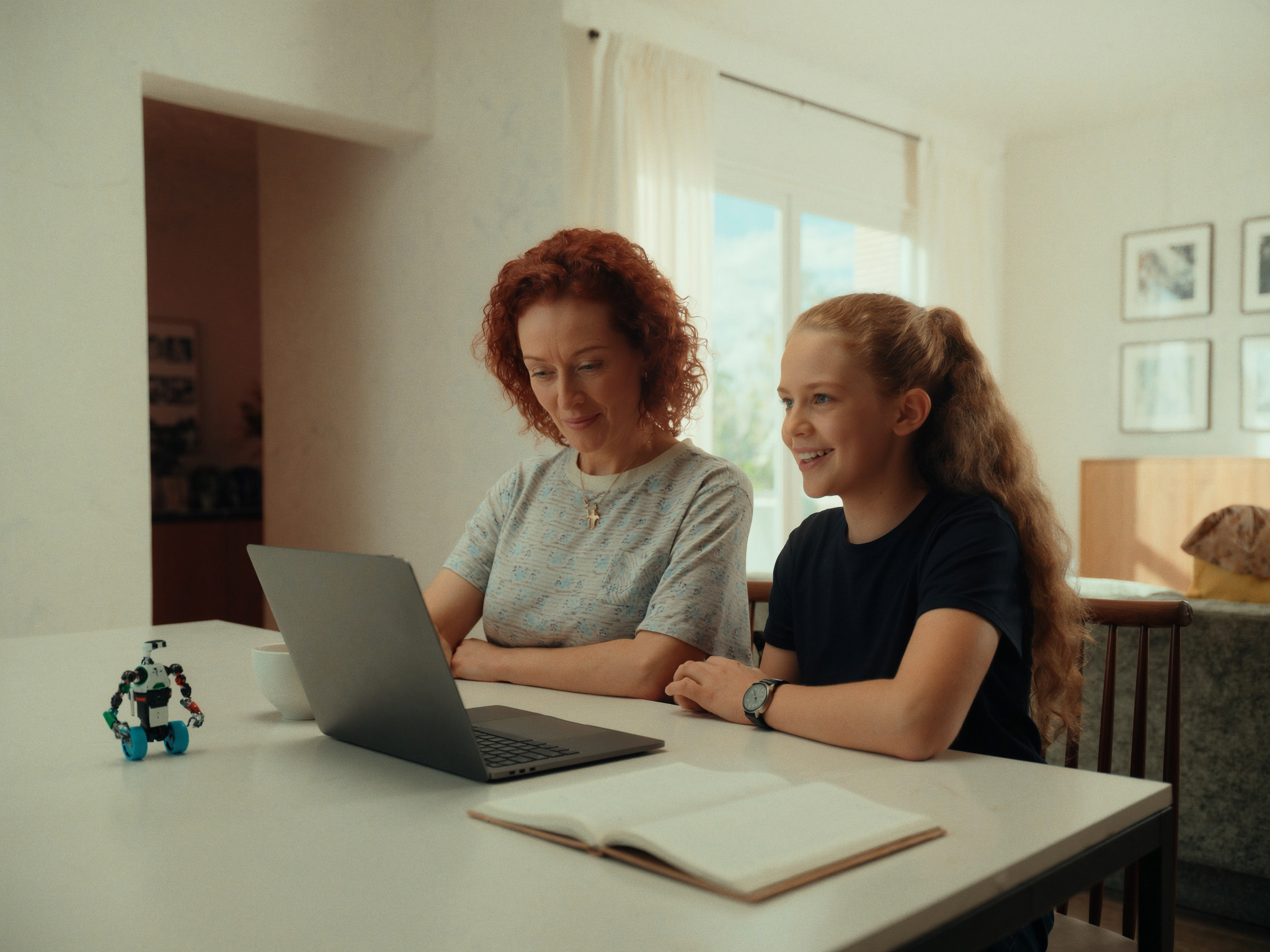 Mother and daughter learning robotics together