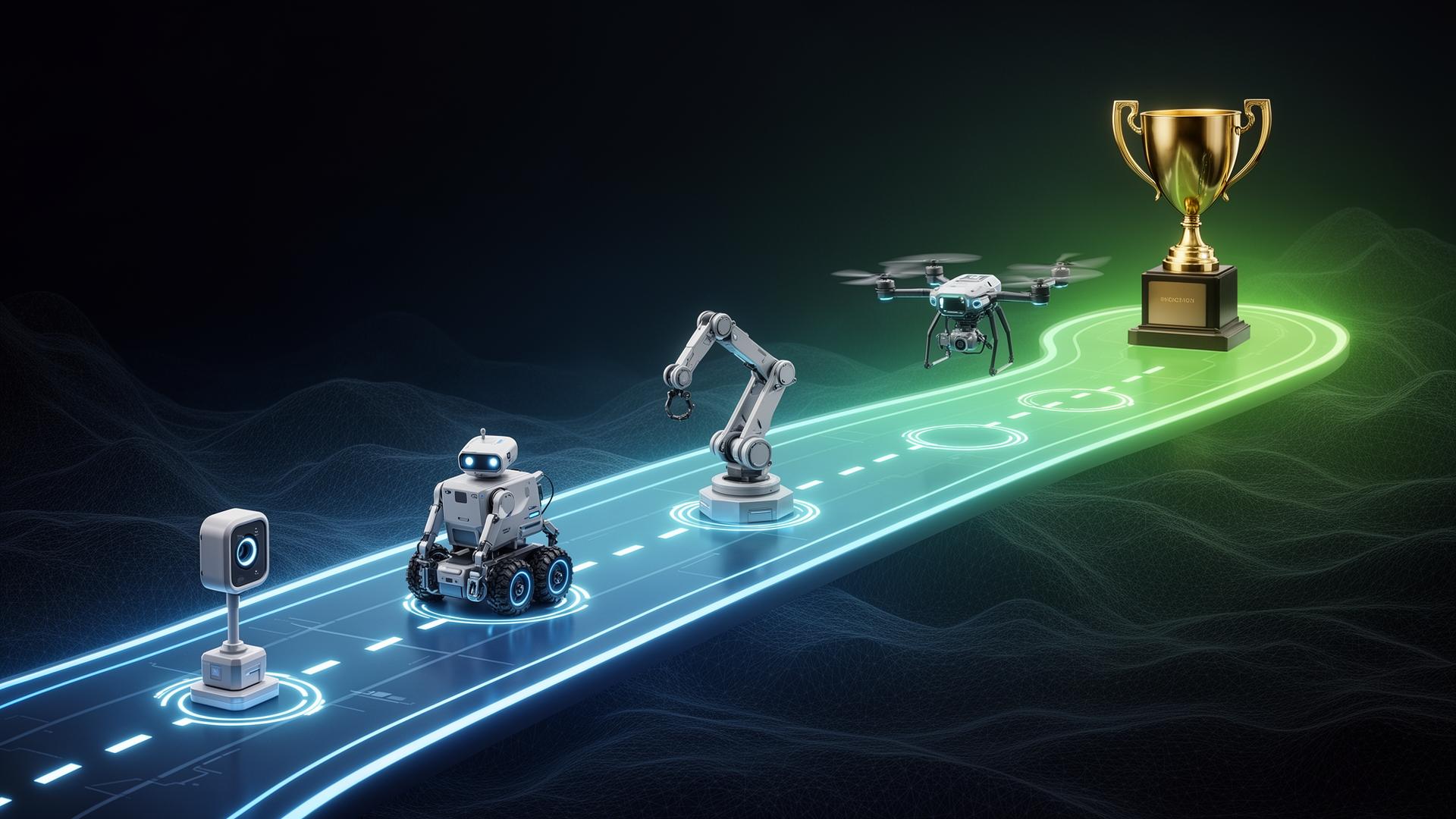 Glowing journey roadmap with milestones from sensor to trophy