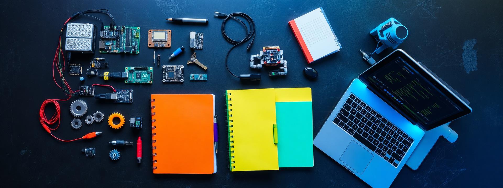 Robotics curriculum materials laid out: boards, sensors, gears, notebooks