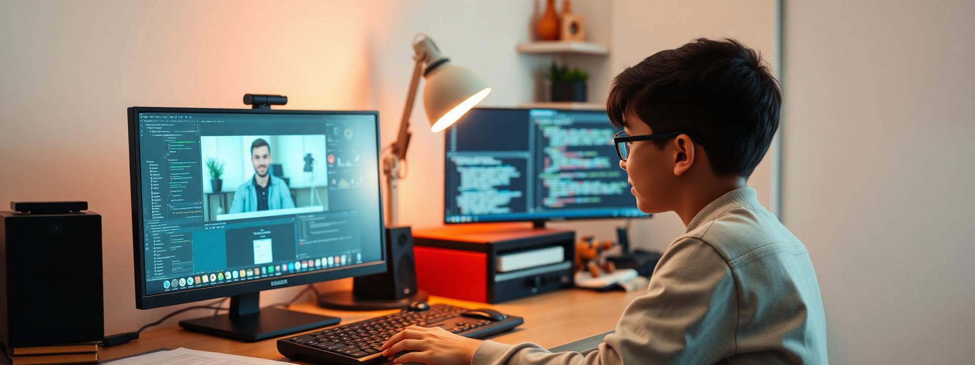 Student in a live online robotics class with instructor on screen