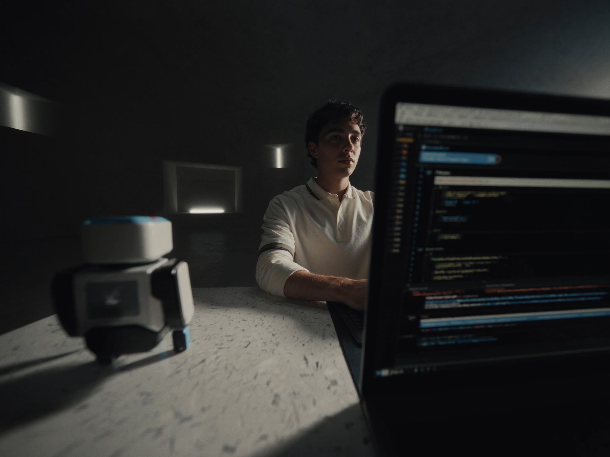 Teen coding a robot at their desk
