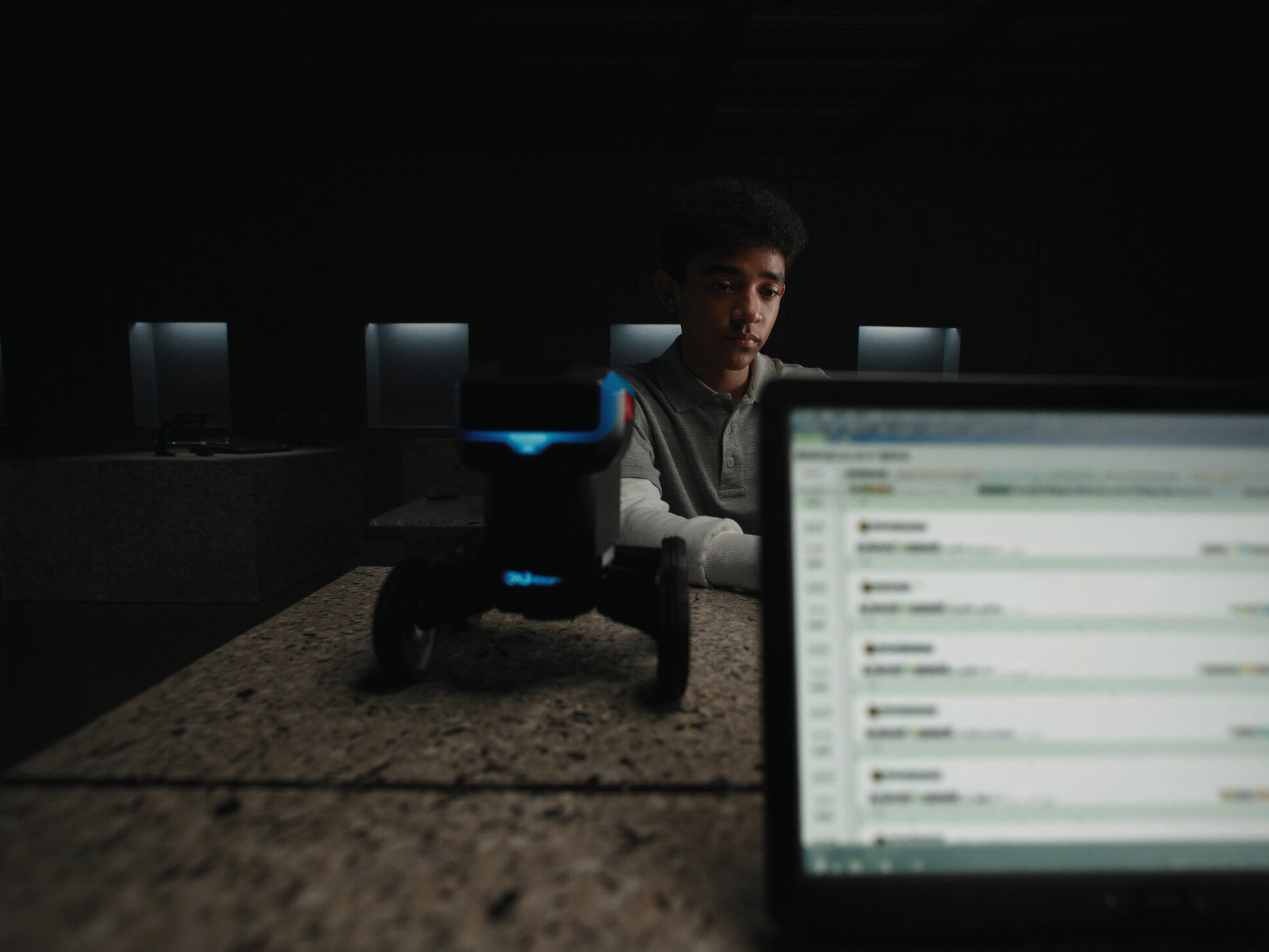 Teenager programming a robot on a laptop